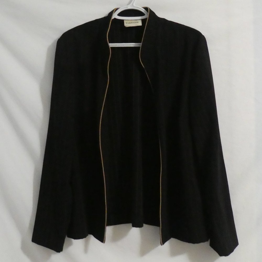 TRADITION | size 16 | Open Front Black Striped Blazer | Gold Detail Along Edges
